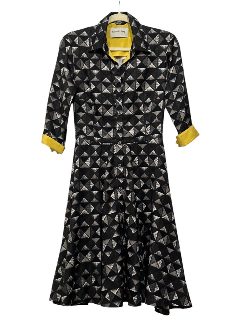 SAMANTHA SUNG Audrey Geometric Pyramid 3D Midi Shirt Dress Black Yellow Sz 4